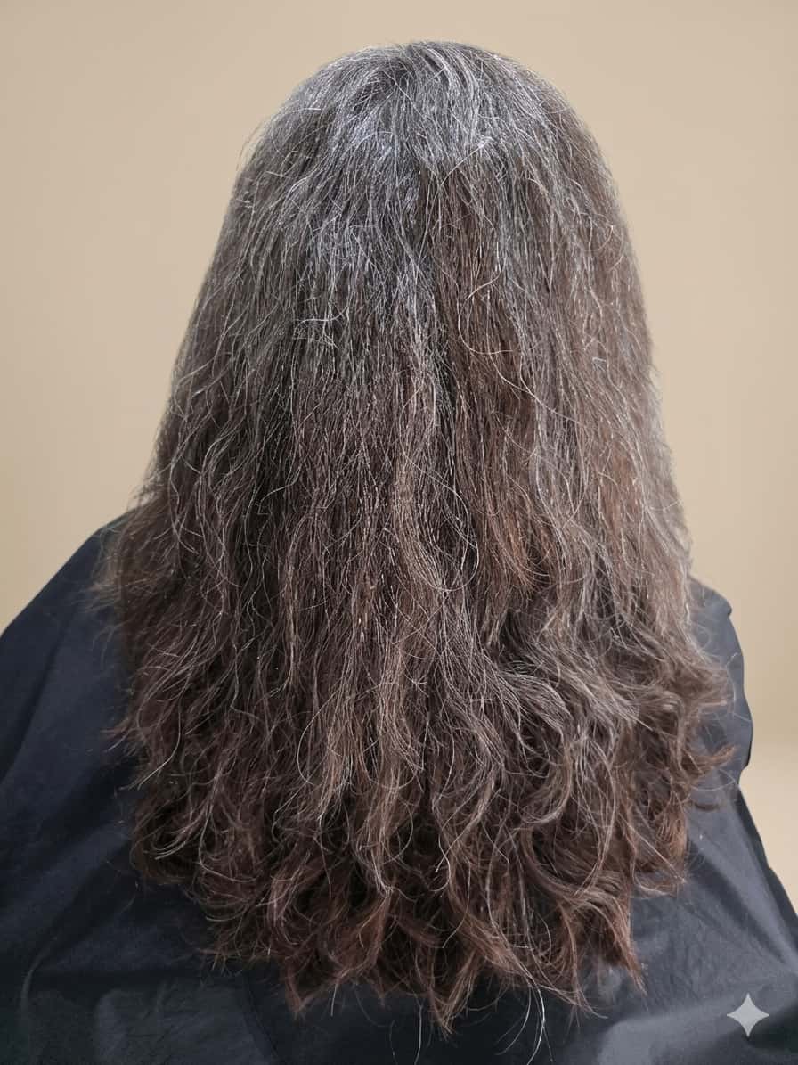 Coarse, tired strands needing care.