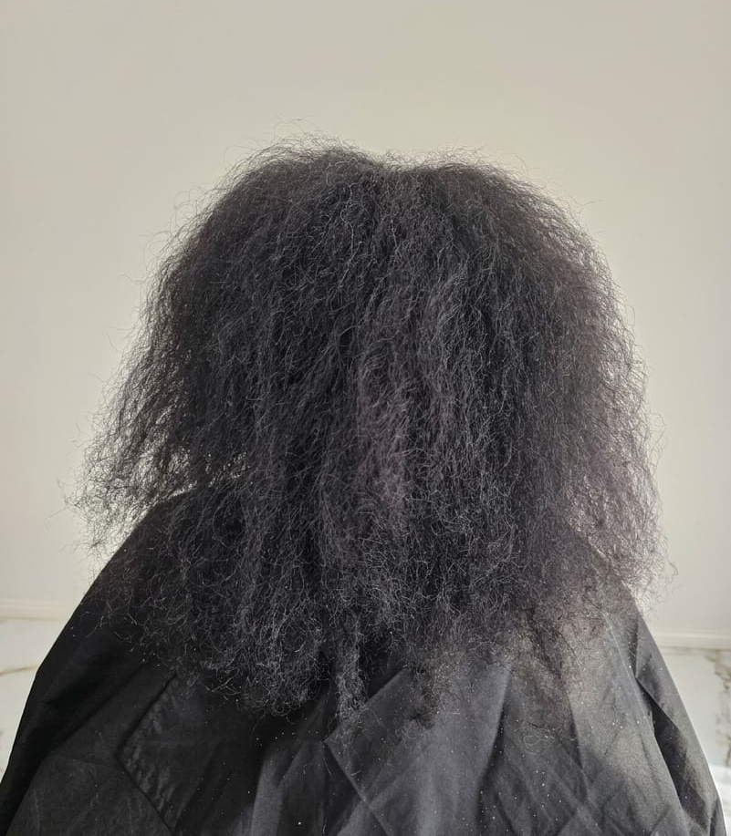 Dull, tangled texture with uneven tone.