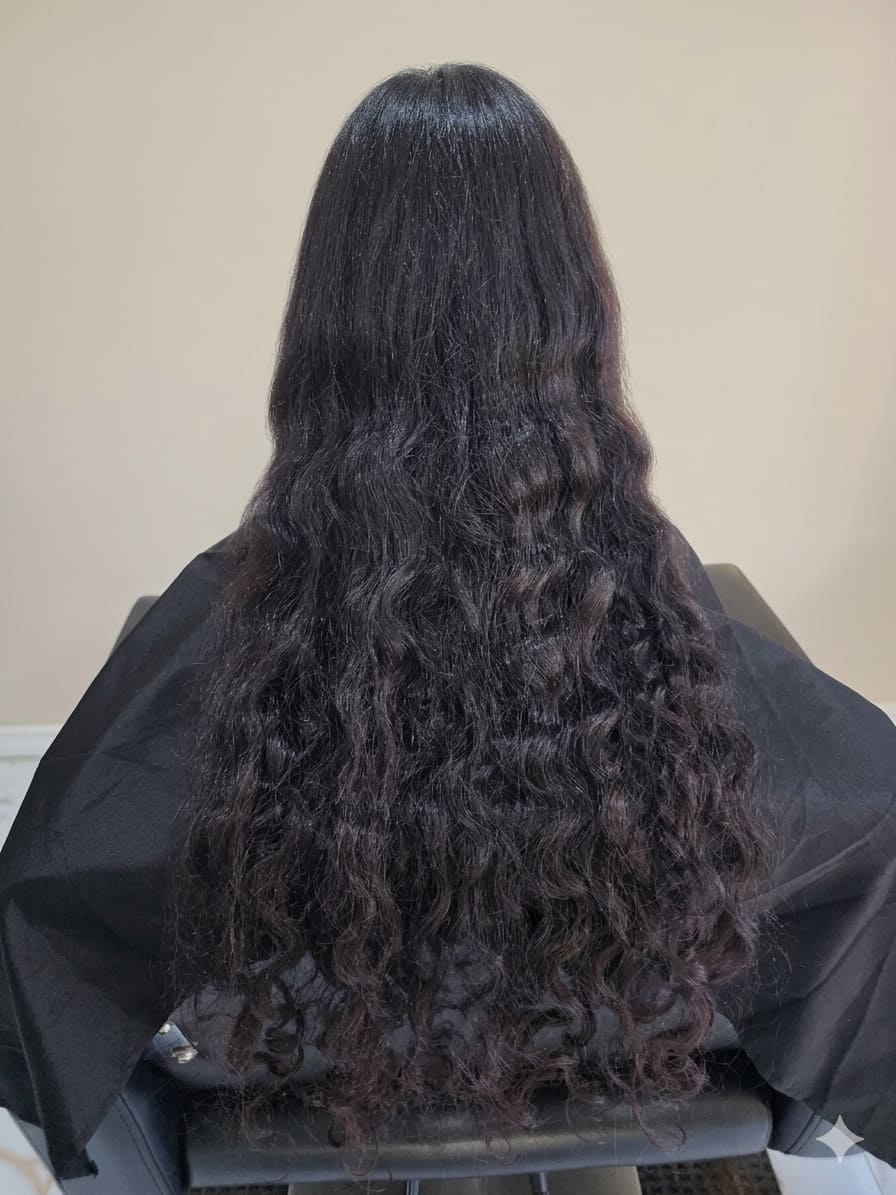 Long, weighed-down curls lacking shape.